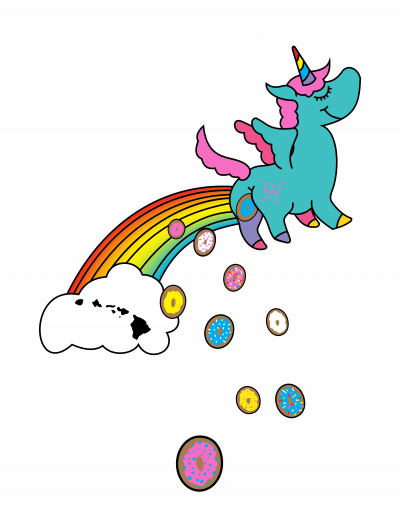 Teal colored unicorn that is pooping out donuts and the Hawaiian Islands