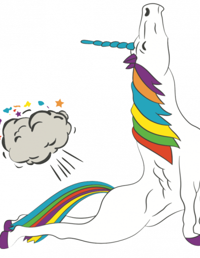 White unicorn with colorful main doing yoga while farting out the Hawaiian Islands