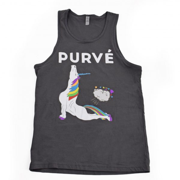 Grey Purvé Donut Stop Hawaii tank top with a unicorn doing yoga and farting out the Hawaiian Islands