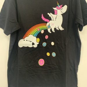 Front of a kids black Purvé Donut Stop Hawaii tee shirt with white lettering and a unicorn pooping out donuts and the Hawaiian islands