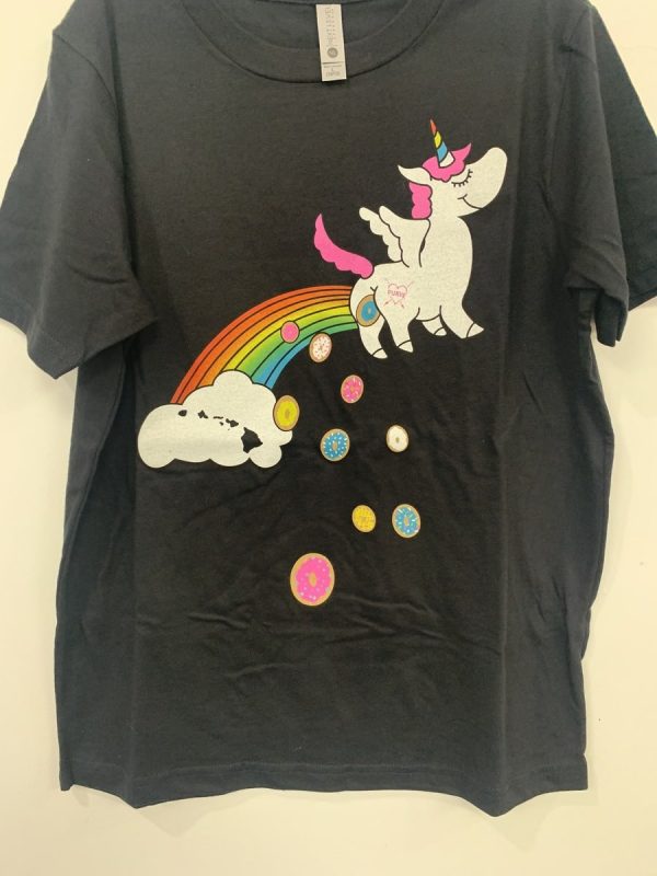 Front of a kids black Purvé Donut Stop Hawaii tee shirt with white lettering and a unicorn pooping out donuts and the Hawaiian islands