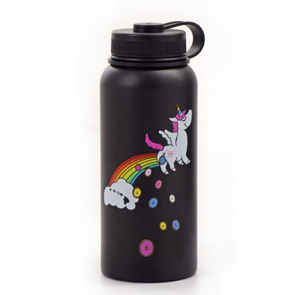 40 ounce black Purvé Donut Stop hydroflask with a unicorn doing yoga while farting out the Hawaiian islands