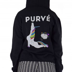 Back side of Purvé Donut Stop Hawaii's hoodie with a white unicorn doing yoga and farting out the Hawaiian Islands