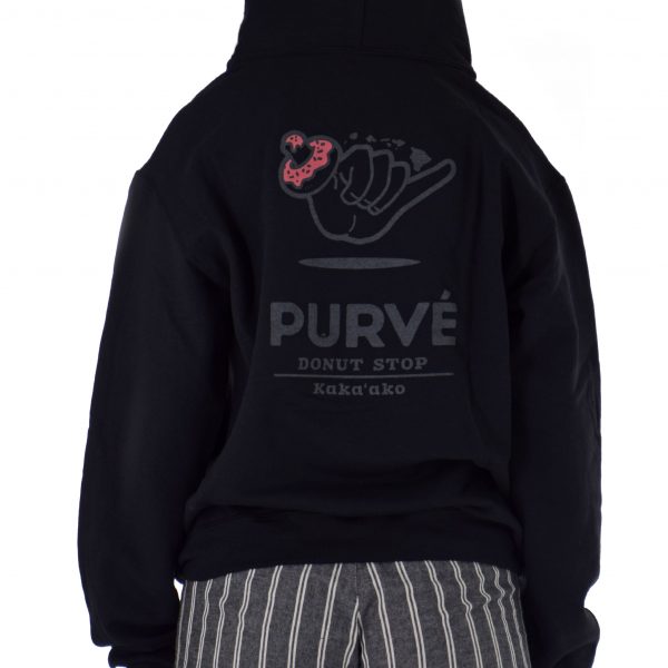 Backside of Purvé Donut Stop Hawaii hoodie with a Shaka with a pink frosted donut on the thumb in dark grey print