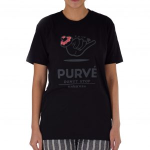 Black Purvé Donut Stop tee shirt with a Shaka with a pink glazed donut on the thumb