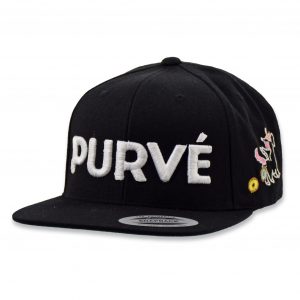 Black embroidered Purvé Donut Stop snapback hat with a unicorn pooping donuts on the side