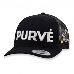 Black embroidered Purvé Donut Stop trucker hat with a unicorn pooping donuts on the side