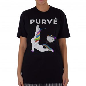 Black Purvé Donut Stop Hawaii shirt with a unicorn doing yoga and farting out the Hawaiian Islands