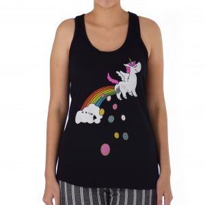 Woman's black Purvé Donut Stop Hawaii tank top with a unicorn pooping donuts