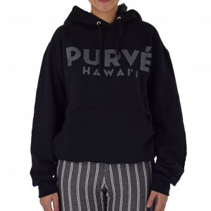 Front of black Purvé Donut Stop Hawaii hoodie with grey lettering