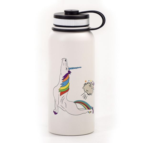 40 ounce white Purvé Donut Stop hydroflask with a unicorn doing yoga while farting out the Hawaiian islands